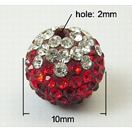 Mideast Rhinestone Beads, with Polymer Clay, Round Pave Disco Ball Beads, Red, Size: about 10mm in diameter, hole: 2mm, rhinestone: PP13(1.9~2mm).(RB-B029-4E)