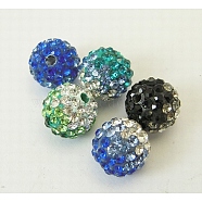 Mideast Rhinestone Beads, with Polymer Clay, Round Pave Disco Ball Beads, Mixed Color, Size: about 10mm in diameter, hole: 2mm, rhinestone: PP13(1.9~2mm).(RB-B029-4F)