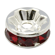 Rhinestone Spacer Beads, Copper, Grade A, Flat Round, Silver Color Plated, Dark Red, Size: about 8mm in diameter, 4mm thick, hole: 1.5mm(RB-H035-10)