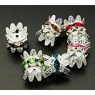 Brass Rhinestone Bead Caps, Cap Spacer, Silver Color Plated, Mixed Color, Size: about 8mm in diameter, 9mm long, hole: 0.6mm(RB-Q025-M)