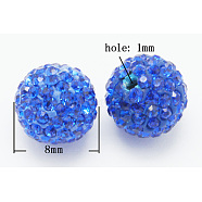 Grade A Rhinestone Pave Disco Ball Beads, for Unisex Jewelry Making, Round, Sapphire, 8mm, Hole: 1mm(RB-Q101-9)
