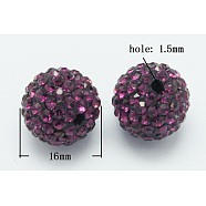 Grade A Rhinestone Pave Disco Ball Beads, for Unisex Jewelry Making, Round, Amethyst, 16mm, Hole: 1.5mm(RB-Q105-1)