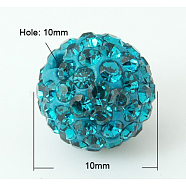 Pave Disco Ball Beads, Polymer Clay Rhinestone Beads, Grade A, Blue Zircon, PP13(1.9~2mm), 10mm, Hole: 1mm(RB-Q195-10mm-229)
