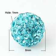 Pave Disco Ball Beads, Polymer Clay Rhinestone Beads, Grade A, Aquamarine, PP11(1.7~1.8mm), 8mm, Hole: 1mm(RB-Q195-8mm-202)
