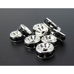 Brass Rhinestone Spacer Beads, Grade A, Silver Color Plated, Rondelle, Black, Size: about 8mm in diameter, 3.5mm thick, hole: 2mm(RB-A004-12)