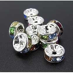 Brass Rhinestone Spacer Beads, Grade A, Silver Color Plated, Rondelle, Colorful, Size: about 8mm in diameter, 3.5mm thick, hole: 2mm(RB-A004-9)