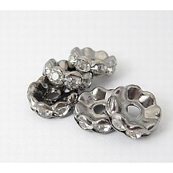 Brass Rhinestone Spacer Beads, Grade A, Waves Edge, Rondelle, Gunmetal, Clear, Size: about 10mm in diameter, 4mm thick, hole: 2mm(RB-A006-10MM-B)