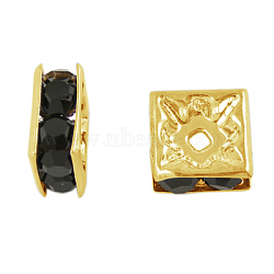 Brass Rhinestone Spacer Beads, Grade A, Golden Metal Color, Square, Jet, 6x6x3mm, Hole: 1mm(RB-A013-6x6-02G)