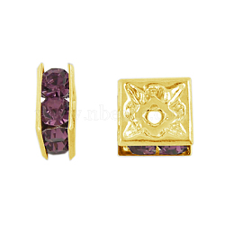 Brass Rhinestone Spacer Beads, Grade A, Golden Metal Color, Square, Light Amethyst, 6x6x3mm, Hole: 1mm(RB-A013-6x6-10G)