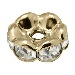 Brass Rhinestone Spacer Beads, Grade AAA, Wavy Edge, Nickel Free, Light Gold Metal Color, Rondelle, Crystal, 10x4mm, Hole: 2mm(RB-A014-L10mm-01LG-NF)