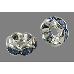 Brass Rhinestone Spacer Beads, Grade A, Wavy Edge, Silver Color Plated, Rondelle, Light Sapphire, 12x4mm, Hole: 2.5mm(RB-A014-L12mm-04S)