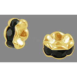 Brass Rhinestone Spacer Beads, Grade A, Wavy Edge, Golden Metal Color, Rondelle, Jet, 6x3mm, Hole: 1mm(RB-A014-L6mm-02G)