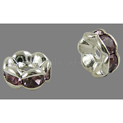 Brass Rhinestone Spacer Beads, Grade A, Wavy Edge, Silver Color Plated, Rondelle, Light Amethyst, 6x3mm, Hole: 1mm(RB-A014-L6mm-10S)