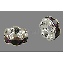 Brass Rhinestone Spacer Beads, Grade A, Wavy Edge, Silver Color Plated, Rondelle, Amethyst, 6x3mm, Hole: 1mm(RB-A014-L6mm-11S)