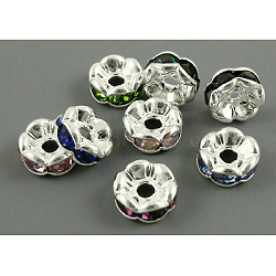 Brass Rhinestone Spacer Beads, Grade A, Wavy Edge, Silver Color Plated, Rondelle, Mixed Color, 6x3mm, Hole: 1mm(RB-A014-L6mm-S)