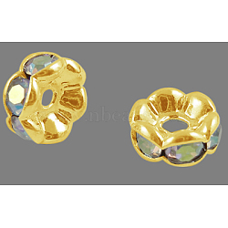 Brass Rhinestone Spacer Beads, Grade AAA, Wavy Edge, Nickel Free, Golden Metal Color, Rondelle, Crystal AB, 7x3.2mm, Hole: 1.2mm(RB-A014-L7mm-28G-NF)