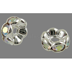 Brass Rhinestone Spacer Beads, Grade A, Wavy Edge, Silver Color Plated, Rondelle, Crystal AB, 7x3.2mm, Hole: 1mm(RB-A014-L7mm-28S)
