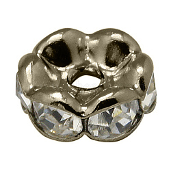 Brass Rhinestone Spacer Beads, Grade A, Wavy Edge, Gunmetal, Rondelle, Crystal, 8x3.8mm, Hole: 1mm(RB-A014-L8mm-01B)