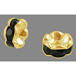 Brass Rhinestone Spacer Beads, Grade A, Wavy Edge, Golden Metal Color, Rondelle, Jet, 8x3.8mm, Hole: 1mm(RB-A014-L8mm-02G)