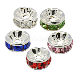 Brass Rhinestone Spacer Beads, Grade A, Straight Flange, Silver Color Plated, Rondelle, Mixed Color, 10x4mm, Hole: 2mm(RB-A014-Z10mm-S)