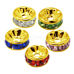 Brass Rhinestone Spacer Beads, Grade A, Straight Flange, Golden Metal Color, Rondelle, Mixed Color, 8x3.8mm, Hole: 1.5mm(RB-A014-Z8mm-G)
