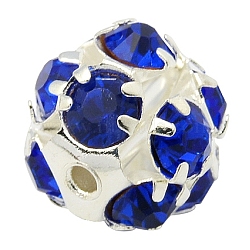 Brass Rhinestone Beads, with Iron Single Core, Grade A, Silver Color Plated, Round, Sapphire, 8mm in diameter, Hole: 1mm(RB-A019-8mm-05S)
