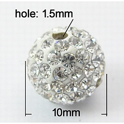 Mideast Rhinestone Beads, with Polymer Clay, Round Pave Disco Ball Beads, White, PP13(1.9~2mm), 10mm, Hole: 1.5mm(RB-B029-6E)