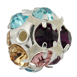 Brass Rhinestone Beads, Grade A, Silver Color Plated, Colorful, Size: about 8mm in diameter, hole: 1mm(RB-H034-1-1)