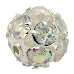 Brass Rhinestone Beads, Nickel Free, Round, AB Color, Silver Color Plated, 10mm(RB-H034-2-NF)