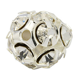 Brass Rhinestone Beads, Grade A, Silver Color Plated, Clear, Size: about 8mm in diameter, hole: 1mm(RB-H034-7-1)