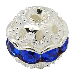 Brass Rhinestone Beads, Grade A, Round, Silver Color Plated, Dark Blue, Size: about 10mm in diameter, hole: 1.2mm(RB-H041-17)
