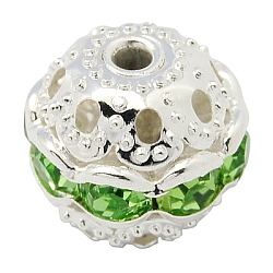 Brass Rhinestone Beads, Grade A, Round, Silver Color Plated, Green, Size: about 10mm in diameter, hole: 1.2mm(RB-H041-6)