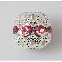 Brass Rhinestone Beads, Grade A, Round, Silver Color Plated, Pink, Size: about 10mm in diameter, hole: 1.2mm(RB-H041-7)