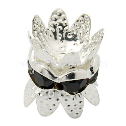 Brass Rhinestone Bead Caps, Cap Spacer, Flower, Silver Color Plated, Black, Size: about 8mm in diameter, 9mm thick, hole: 0.8mm(RB-H042-2)