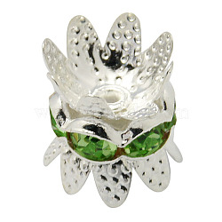 Brass Rhinestone Bead Caps, Cap Spacer, Flower, Silver Color Plated, Green, Size: about 8mm in diameter, 9mm thick, hole: 0.8mm(RB-H042-9)