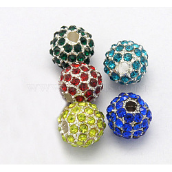 Alloy Beads, with Rhinestones, Grade A, Round, Silver Color Plated, Mixed Color, Size: about 8mm in diameter, hole: 2mm(RB-Q059-M)