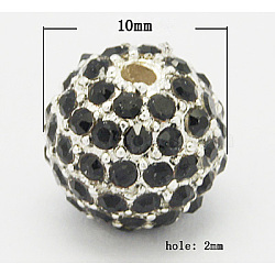 Alloy Beads, with Rhinestones, Grade A, Round, Silver Color Plated, Black, Size: about 10mm in diameter hole: 2mm(RB-Q060-3)