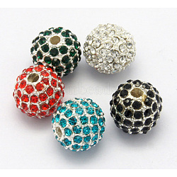 Alloy Beads, with Rhinestones, Grade A, Round, Silver Color Plated, Mixed Color, Size: about 10mm in diameter hole: 2mm(RB-Q060-M)