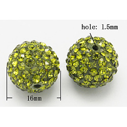 Grade A Rhinestone Pave Disco Ball Beads, for Unisex Jewelry Making, Round, Peridot, PP13(1.9~2mm), 16mm, Hole: 1.5mm(RB-Q105-3)