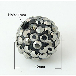 Pave Disco Ball Beads, Polymer Clay Rhinestone Beads, Grade A, Jet Hematite, PP13(1.9~2mm), 12mm, Hole: 1mm(RB-Q195-12mm-1)