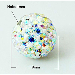 Pave Disco Ball Beads, Polymer Clay Rhinestone Beads, Grade A, Crystal AB, PP11(1.7~1.8mm), 8mm, Hole: 1mm(RB-Q195-8mm-AB)