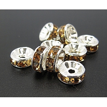 Brass Rhinestone Spacer Beads, Grade A, Silver Color Plated, Rondelle, Coffee, Size: about 8mm in diameter, 3.5mm thick, hole: 2mm