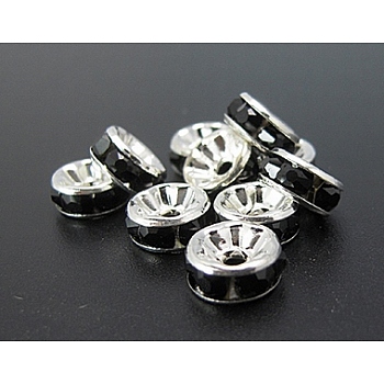 Brass Rhinestone Spacer Beads, Grade A, Silver Color Plated, Rondelle, Black, Size: about 8mm in diameter, 3.5mm thick, hole: 2mm