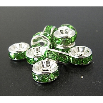 Brass Rhinestone Spacer Beads, Grade A, Silver Color Plated, Rondelle, Pale Green, Size: about 8mm in diameter, 3.5mm thick, hole: 2mm
