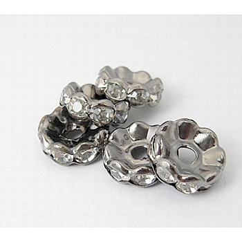 Brass Rhinestone Spacer Beads, Grade A, Waves Edge, Rondelle, Gunmetal, Clear, Size: about 10mm in diameter, 4mm thick, hole: 2mm