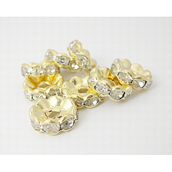 Brass Rhinestone Spacer Beads, Grade A, Waves Edge, Rondelle, Golden Color, Clear, Size: about 10mm in diameter, 4mm thick, hole: 2mm