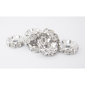 Brass Rhinestone Spacer Beads, Grade A, Waves Edge, Rondelle, Platinum Color, Clear, Size: about 10mm in diameter, 4mm thick, hole: 2mm