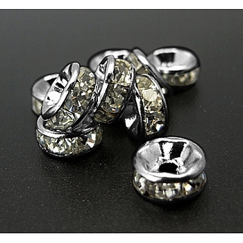 Iron Rhinestone Spacer Beads, Grade A, Rondelle, Straight Edge, Gunmetal Color, Clear, Size: about 8mm in diameter, 3.5mm thick, hole: 2mm