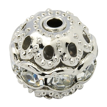 Brass Rhinestone Beads, Grade A, Platinum Metal Color, Round, Crystal, 10mm in diameter, Hole: 1.2mm