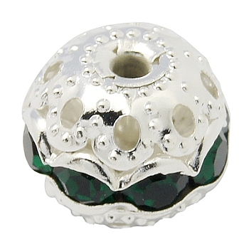 Brass Rhinestone Beads, Grade A, Silver Color Plated, Round, Emerald, 10mm, Hole: 1.2mm